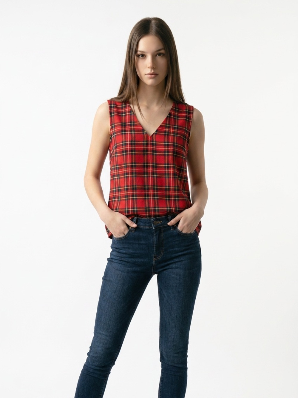 J. Crew Red Tartan V-Neck Tank Top